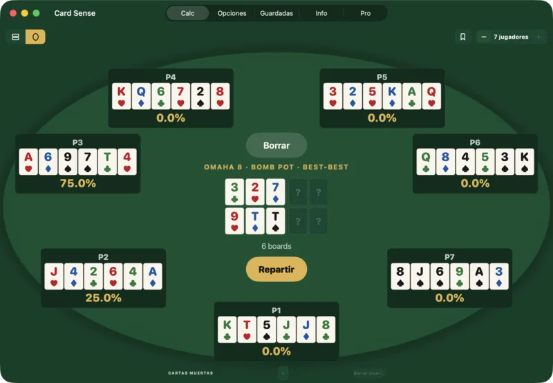 Un bomb pot Best-Best de seis cartas en el que cinco de las siete manos tienen equity cero en los flops.