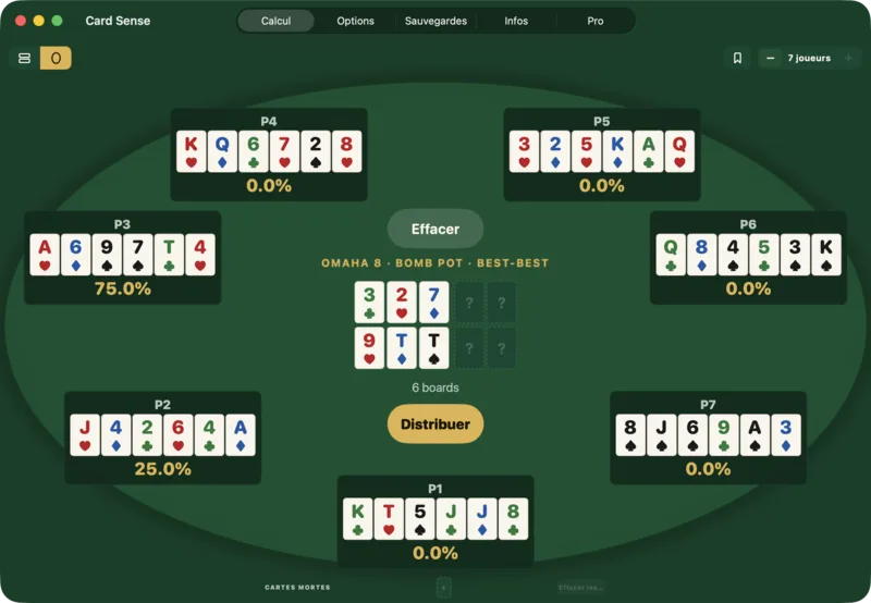 Un bomb pot Best-Best à six cartes où cinq des sept mains ont une équité nulle sur les flops.