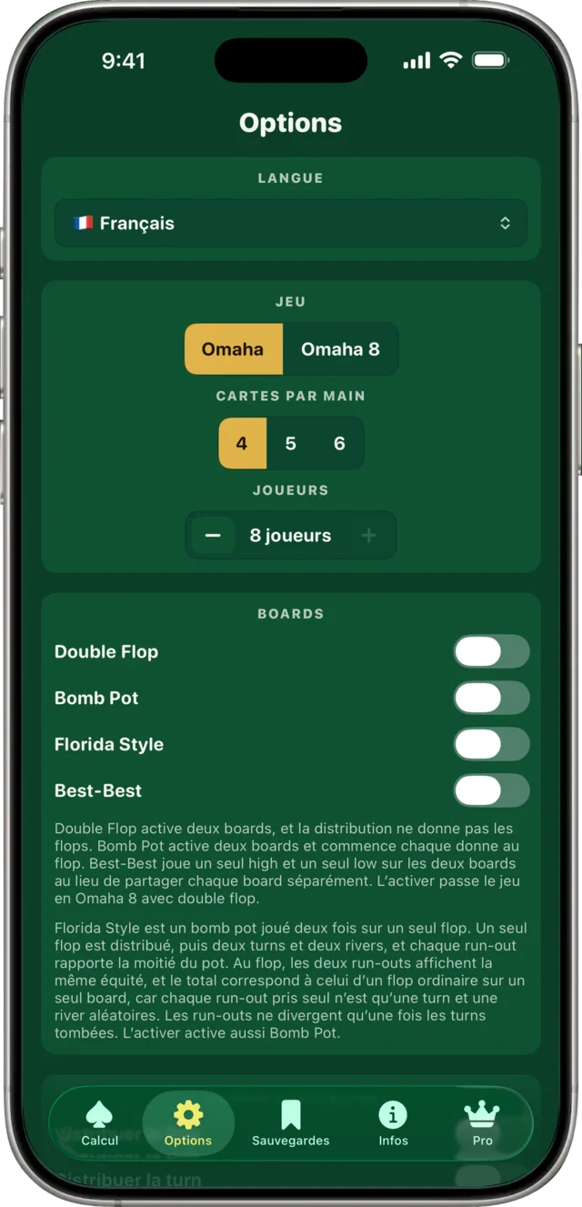 Le menu Options avec le curseur Coucher les faibles.