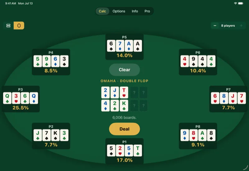 A Double Flop Omaha Deal on the iPad Racetrack in Landscape.