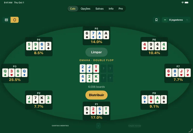 Uma mão de Omaha com double flop no modo mesa do iPad, na horizontal.